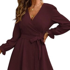 SHEIN Puff Sleeve Wrap Dress Burgundy Tied Waist  Crossover Crinkled Size M